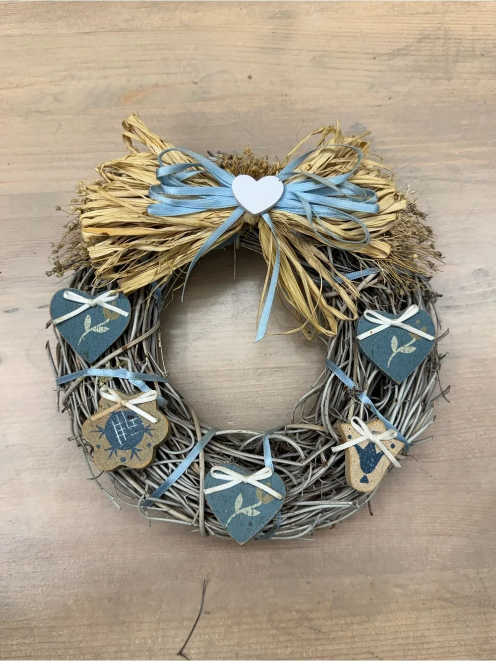 Vintage Decorative Blue and Natural Heart Wreath - Home Holiday